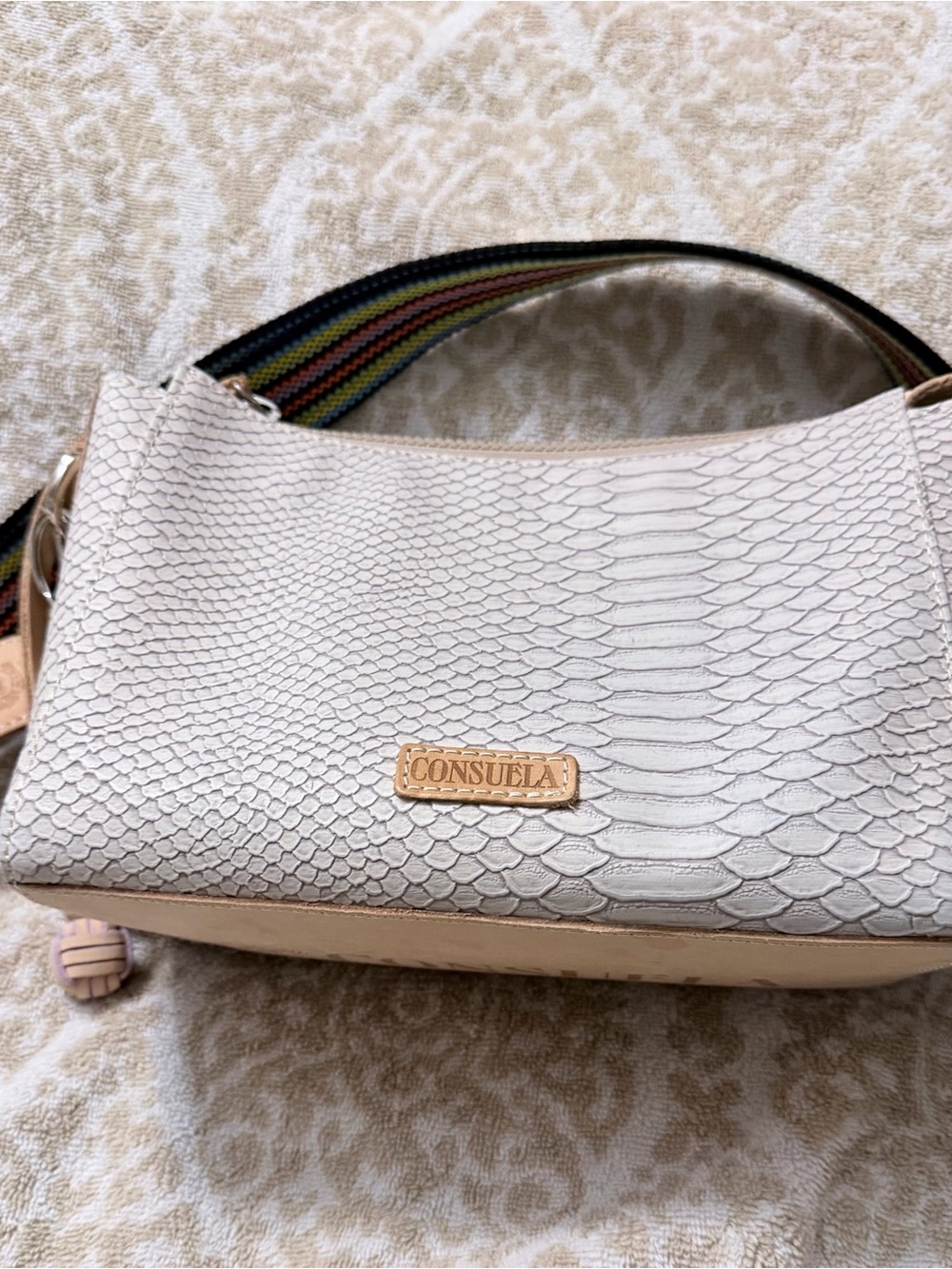 Consuela Thunderbird City Bag Cream Textured Crossbody with Multicolor Strap